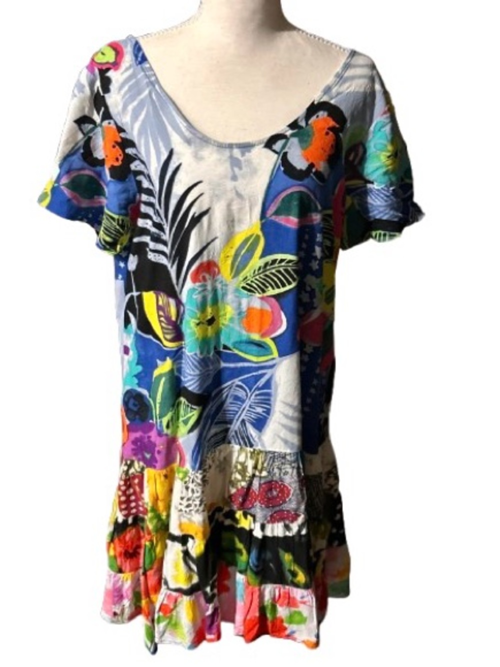 Vintage Jams World Dress Tropical Floral Boho Ruffle Short Sleeved Y2K 90s LG
